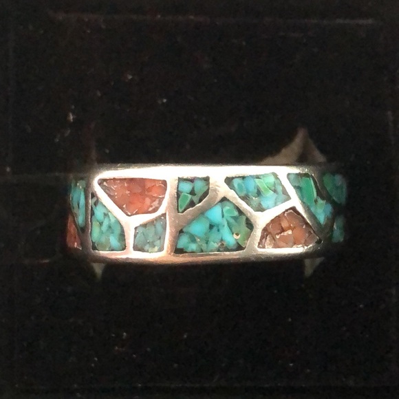 Southwest Native Sterling Silver Crushed Turquoise Coral Mosaic Ring Sz 12-1/2 - Picture 7 of 17